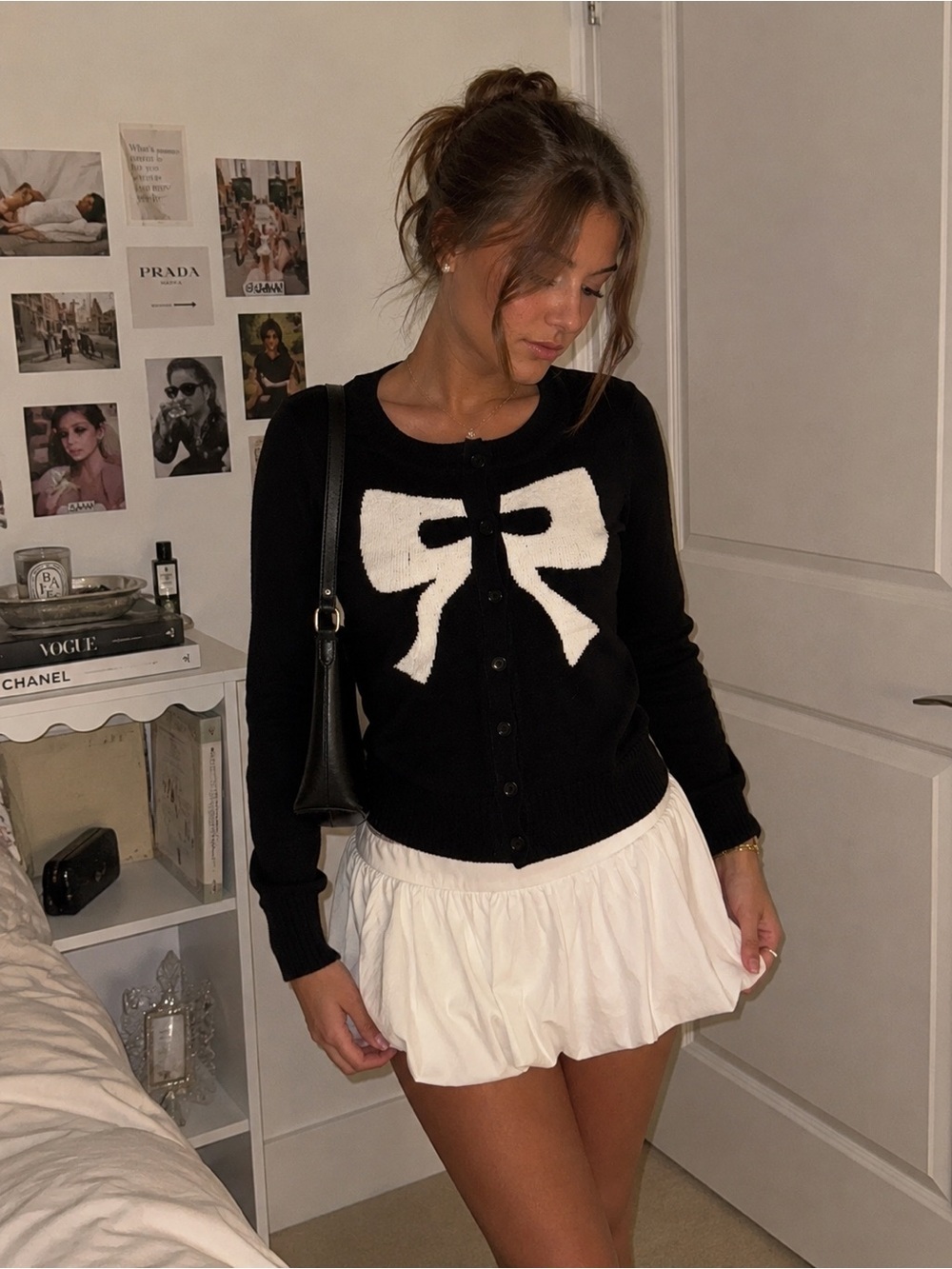 Forever 21 Black Bow Cardigan Coquette Balletcore Size Small Black & White